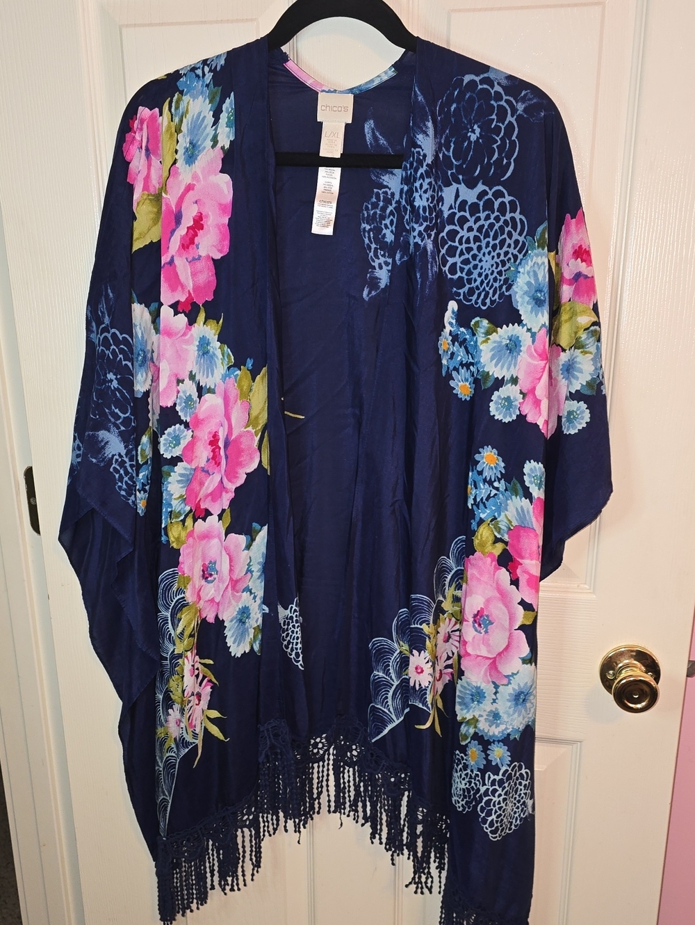 Chico's Midnight Blue Floral Fringe Kimono with Pink & Light Blue Blooms